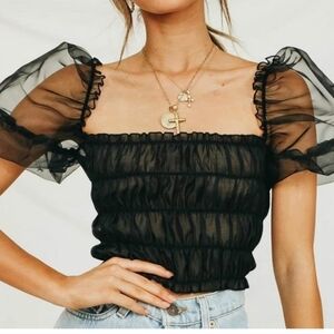 LIONESS Black sheer organza puff sleeve crop top. Size XS